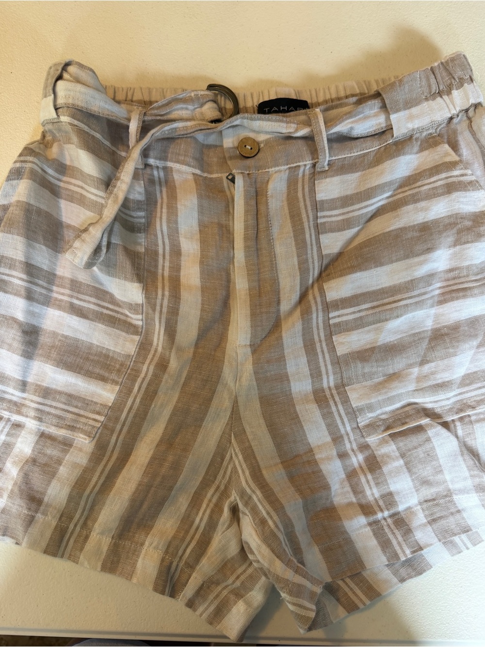 Tahari Beige and Cream Striped Flat-Front women’s shorts
